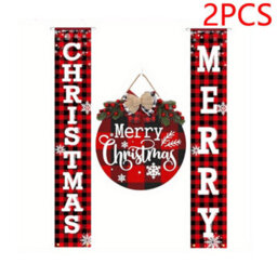 CLEFFNS Buffalo Plaid Merry Christmas Door Decor Set 30X180Cm 100D Christmas Porch Banner Couplets With Wooden Merry Christmas Wreath Sign - thumbnail 1