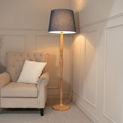 Valuelights Victoria Traditional Light Wood Candlestick Floor Lamp With Navy Blue Tapered Shade - Led Bulb Included - image 1