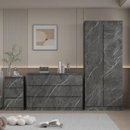Zita Grey Marble Effect 3 Piece Bedroom Set - 2 Door Wardrobe, 6 Drawer Chest & 3 Drawer Bedside, Stylish Bedroom Storage - thumbnail 3