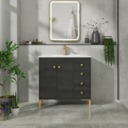 Royal Bathrooms Verona 800mm Black Woodgrain Floor Standing Bathroom Vanity Unit 2 Door, 4 Drawer Cabinet With Ceramic Basin & Brushed Brass Knob - thumbnail 5