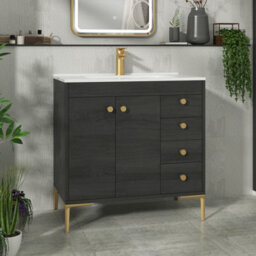Royal Bathrooms Verona 800mm Black Woodgrain Floor Standing Bathroom Vanity Unit 2 Door, 4 Drawer Cabinet With Ceramic Basin & Brushed Brass Knob