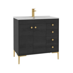 Royal Bathrooms Verona 800mm Black Woodgrain Floor Standing Bathroom Vanity Unit 2 Door, 4 Drawer Cabinet With Ceramic Basin & Brushed Brass Knob - thumbnail 7