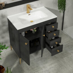 Royal Bathrooms Verona 800mm Black Woodgrain Floor Standing Bathroom Vanity Unit 2 Door, 4 Drawer Cabinet With Ceramic Basin & Brushed Brass Knob - thumbnail 6