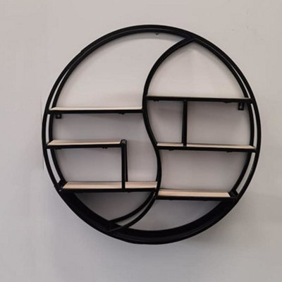 Biznest 60Cm Black Round Wall Shelf Mount Storage Floating Hanging Display Rack Art Décor 8mm Metal Wood Bookshelf