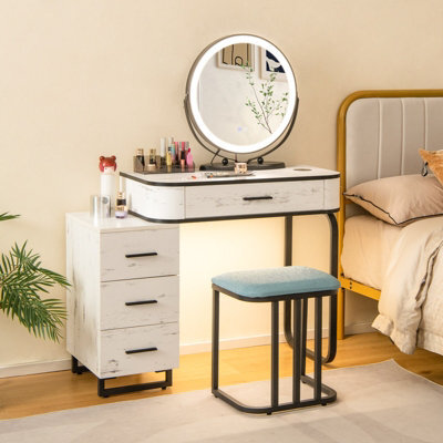 Costway Dressing Table Vanity Set Makeup Stool W/ Charging Station & 3-Color Lighted Swivel Mirror & 3-Drawer Chest - image 1