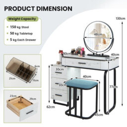 Costway Dressing Table Vanity Set Makeup Stool W/ Charging Station & 3-Color Lighted Swivel Mirror & 3-Drawer Chest - thumbnail 3