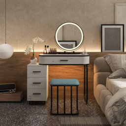 Costway Dressing Table Vanity Set Makeup Stool W/ Charging Station & 3-Color Lighted Swivel Mirror & 3-Drawer Chest - thumbnail 5