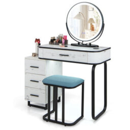 Costway Dressing Table Vanity Set Makeup Stool W/ Charging Station & 3-Color Lighted Swivel Mirror & 3-Drawer Chest - thumbnail 2