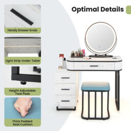 Costway Dressing Table Vanity Set Makeup Stool W/ Charging Station & 3-Color Lighted Swivel Mirror & 3-Drawer Chest - thumbnail 9
