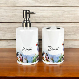 Purely Home Puffins Bathroom Set - Refillable Ceramic Soap Dispenser & Toothbrush Holder - thumbnail 2