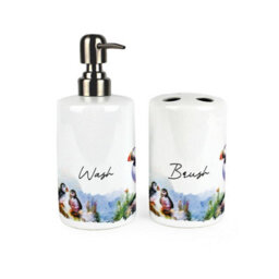 Purely Home Puffins Bathroom Set - Refillable Ceramic Soap Dispenser & Toothbrush Holder