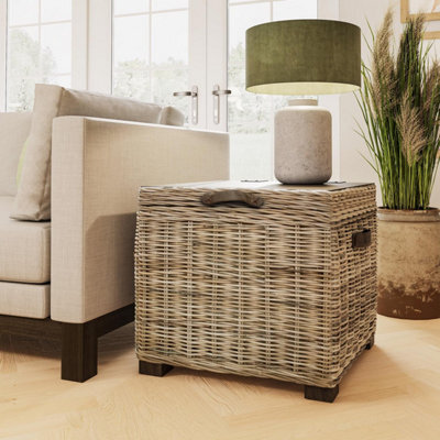 Fwstyle Kubu Rattan Lift Up Greywash Pine Storage Side Table Assembled - image 1