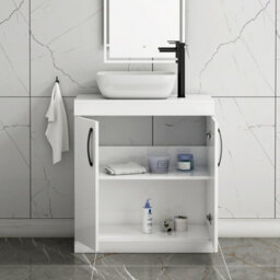 Royal Bathrooms Turin 800mm Floor Standing Vanity Unit 2 Door Gloss White & Countertop Basin - Elva With Matt Black Handle - thumbnail 3