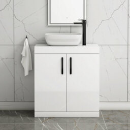Royal Bathrooms Turin 800mm Floor Standing Vanity Unit 2 Door Gloss White & Countertop Basin - Elva With Matt Black Handle - thumbnail 1