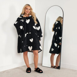 Ohs Heart Print Hoodie Blanket Oversized Fleece Sherpa Throw, Black - thumbnail 3