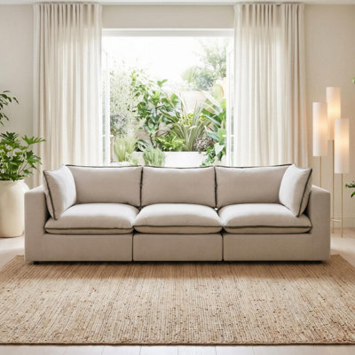 Furniturebox Uk Echo Cream & Green Trim Linen-Look Fabric 3 Seater Modular Sofa - image 1