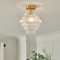Litecraft Louisa Satin Brass Ribbed Glass Flush Ceiling Light - thumbnail 1