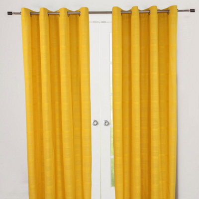"Homescapes Cotton Rajput Ribbed Yellow Curtain Pair, 66 X 90"" Drop" - image 1