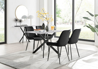 Furniturebox Uk Leonardo White Glass Marble Effect Black Leg Table & 4 Black Pesaro Black Leg Chairs - image 1