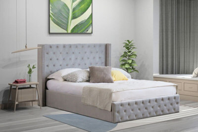 4Ft6 Comfy Living Winged Plush Velvet Fabric Ottoman Storage Bed Frame With Headboard In Light Grey - image 1