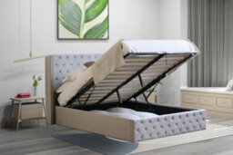 4Ft6 Comfy Living Winged Plush Velvet Fabric Ottoman Storage Bed Frame With Headboard In Light Grey - thumbnail 2