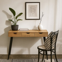 Wyld Haus Dresden Oak-Effect Office Desk, 3 Drawers, Matte Black Legs