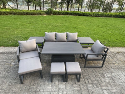 Fimous Aluminium Garden Furniture Sets 8 Seater With Adjustable Rising Lifting Dining Table 2 Chairs 3 Footstools 2 Side Tables - image 1