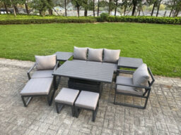 Fimous Aluminium Garden Furniture Sets 8 Seater With Adjustable Rising Lifting Dining Table 2 Chairs 3 Footstools 2 Side Tables - thumbnail 2