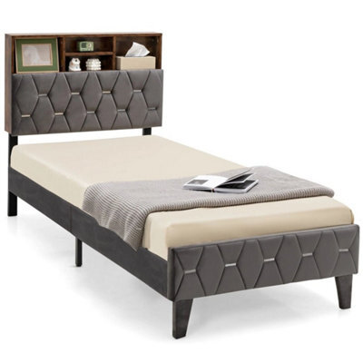 Single Size Bed Frame Upholstered Platform Bed Slat Support W/ Storage Headboard - image 1