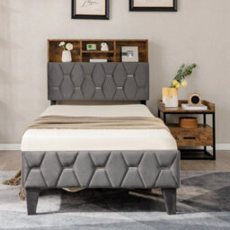 Single Size Bed Frame Upholstered Platform Bed Slat Support W/ Storage Headboard - thumbnail 5