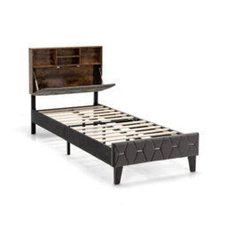 Single Size Bed Frame Upholstered Platform Bed Slat Support W/ Storage Headboard - thumbnail 4