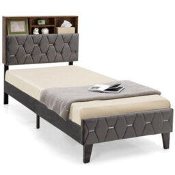 Single Size Bed Frame Upholstered Platform Bed Slat Support W/ Storage Headboard - thumbnail 1