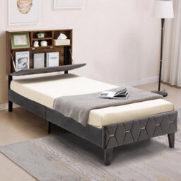 Single Size Bed Frame Upholstered Platform Bed Slat Support W/ Storage Headboard - thumbnail 3