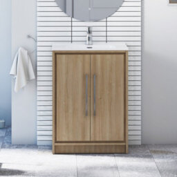 Royal Bathrooms Livora 600mm Natural Oak Floor Standing Bathroom Vanity Unit 2 Door Storage Cabinet With Ceramic Basin