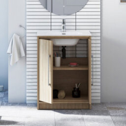 Royal Bathrooms Livora 600mm Natural Oak Floor Standing Bathroom Vanity Unit 2 Door Storage Cabinet With Ceramic Basin - thumbnail 4