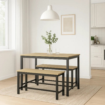 Urbn-Living 3 Pcs Wooden Kitchen Dining Living Room Table Metal Frame 2 Matching Benches Set - Oak - image 1
