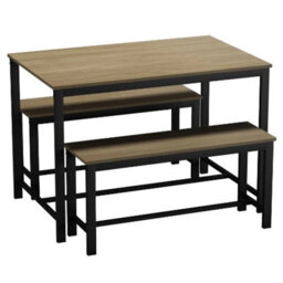 Urbn-Living 3 Pcs Wooden Kitchen Dining Living Room Table Metal Frame 2 Matching Benches Set - Oak - thumbnail 3