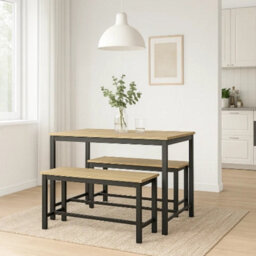 Urbn-Living 3 Pcs Wooden Kitchen Dining Living Room Table Metal Frame 2 Matching Benches Set - Oak - thumbnail 1