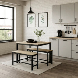 Urbn-Living 3 Pcs Wooden Kitchen Dining Living Room Table Metal Frame 2 Matching Benches Set - Oak - thumbnail 4