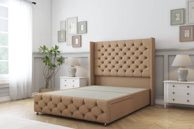 "Sloomy Luthor Latte Dumfries Divan Bed Base No Drawers-54"" Wingback Headboard & 12"" Footboard 4'6 Double" - image 1