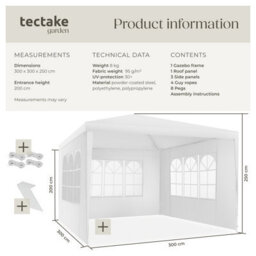 Tectake Gazebo Barinas With 3 Side Panels, Water-Resistant, 3X3M 300 X 300 X 250 Cm - White - thumbnail 6
