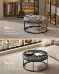 LEDREM Luiz Collection - Ottoman, Round Coffee Table, Footstool, Reversible Top, Padded Seat, Side Table, Minimalist, Steel Frame - thumbnail 5