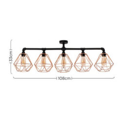 Valuelights Luiggi Industrial 5 Way Satin Black Pipework Ceiling Light With Copper Cage Shades - thumbnail 7