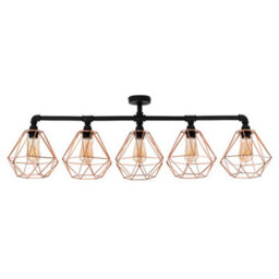 Valuelights Luiggi Industrial 5 Way Satin Black Pipework Ceiling Light With Copper Cage Shades