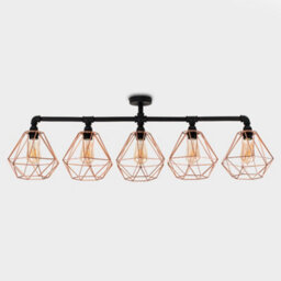 Valuelights Luiggi Industrial 5 Way Satin Black Pipework Ceiling Light With Copper Cage Shades - thumbnail 4