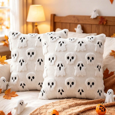 Amorly 2 Pack 18X18In Halloween Cushion Covers, White Ghost & Cute Skeleton Pillowcases, No Inserts, Festive Indoor Sofa Decor - image 1