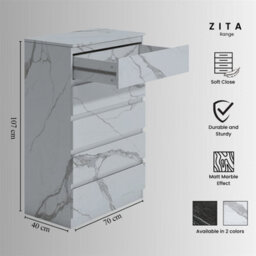 Zita White Marble Effect 5 Drawer Chest - Modern Storage Unit, (L) 40Cm X (W) 70Cm X (H) 107Cm, Stylish Bedroom Storage - thumbnail 8