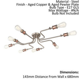 Semi Flush Ceiling Light - Aged Copper & Aged Pewter Plate - 8 X 40W E27 Gls - thumbnail 2