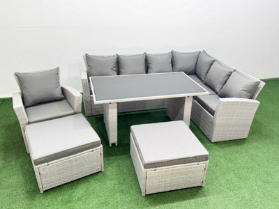 Fimous Outdoor Garden Furniture Sets 9 Seater Wicker Rattan Corner Sofa Sets With Dining Table 2 Big Footstool Armchair Light Grey - image 1
