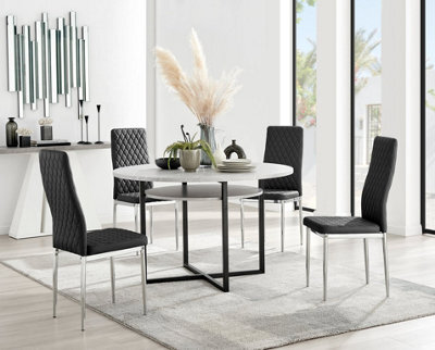 Furniturebox Adley Grey Concrete Effect And Black Round Dining Table With Storage Shelf And 4 Black And Silver Milan Modern Faux Leather Chairs - image 1